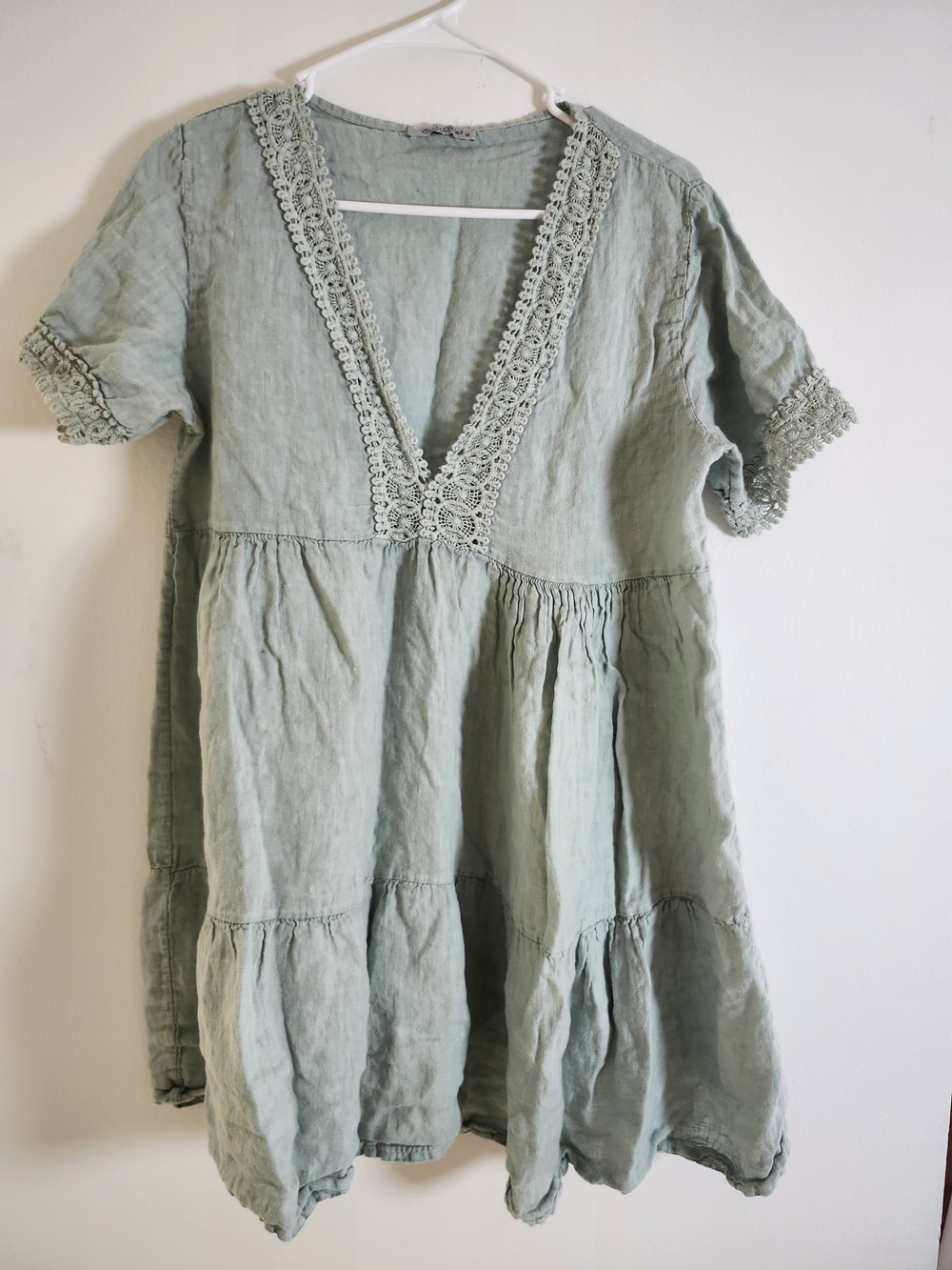 Helena Sage Green Tiered Dress with Crochet V-Neck